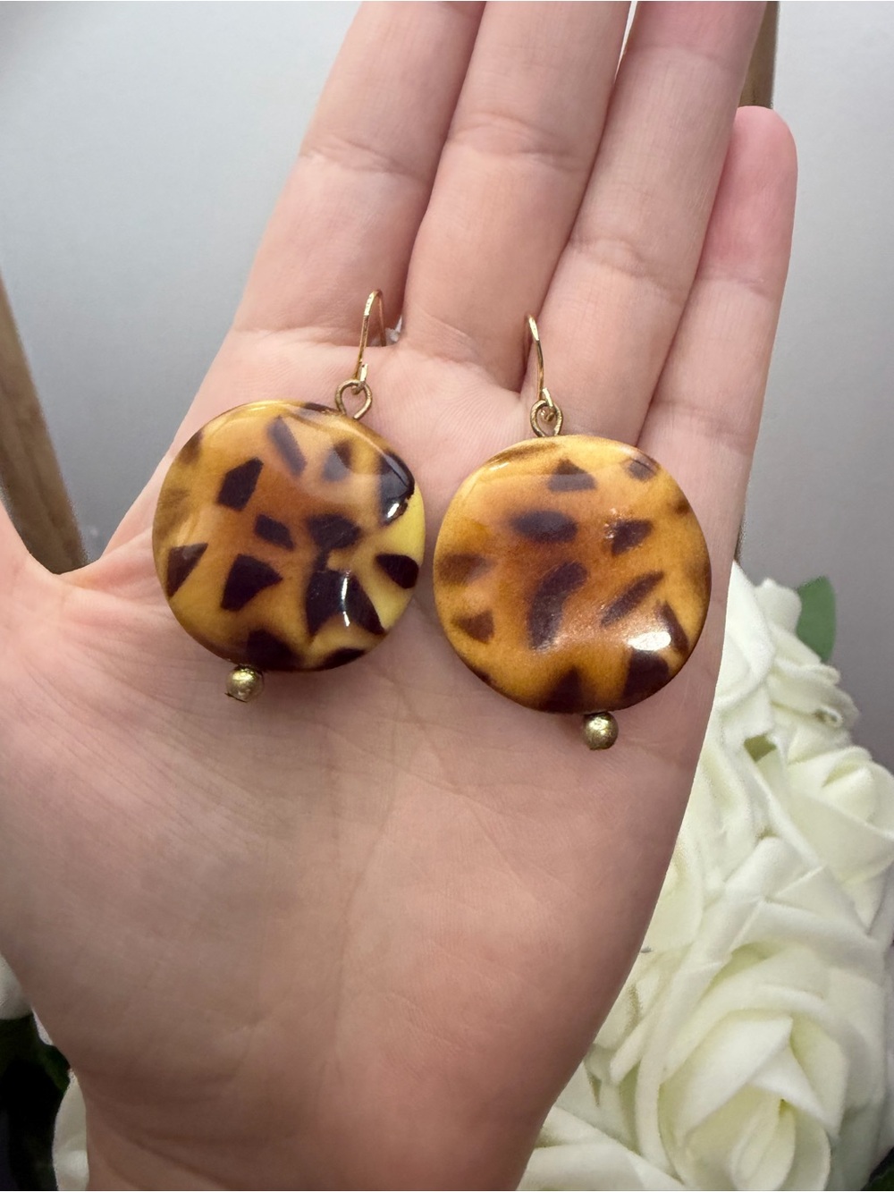 Vintage Handcrafted Tortoiseshell Drop Earrings - Amber Brown